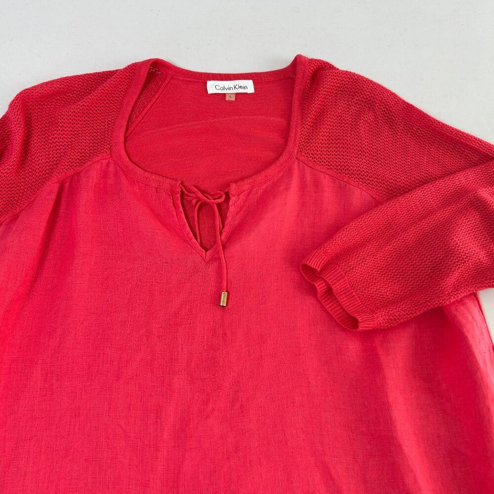 Calvin Klein Top Womens L Pink Linen Viscose 3/4 Sleeve Mixed Media Mesh Tassels - Picture 5 of 10
